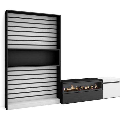 Skraut Home - Muebles de Salón para TV, Conjunto de muebles comedor, 260x186x35cm, Para TV hasta 65", Chimenea eléctrica, Estilo Moderno, Blanco y negro (1/5)