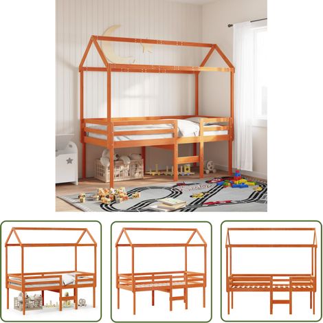 The Living Store Lit haut sans matelas cire marron 90x190 cm bois de pin massif - Lit Enfant - Lit Surélevé - Lit Cabane - Lit Plateforme - Meuble Rangement (1/5)