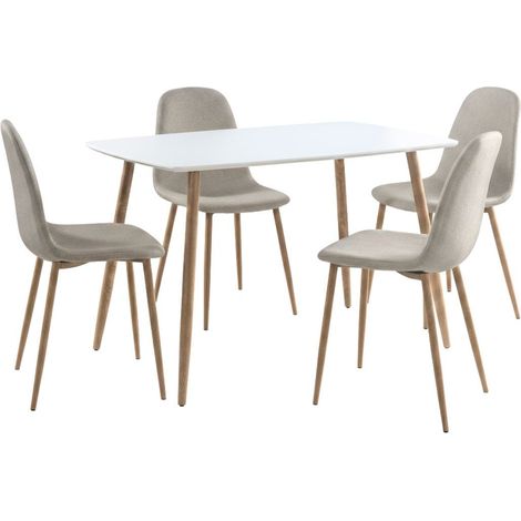 Ensemble repas table blanche + 4 chaises assises gris clair - LEONID
