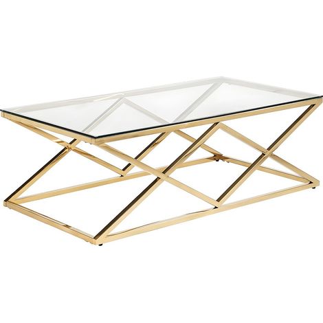 Vente-Unique – Table basse CHARLOTTE – Verre trempé 120x60 cm – Acier inoxydable doré – Charge max 50 kg – Montage facile (1/2)