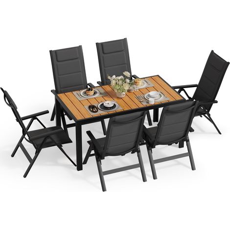 Salon de Jardin Extérieur : 1 Table en Aluminium Imitation Bois + 6 Chaises Longues Pliantes. Solide et Durable. Idéal pour Les Balcons, Les Jardins et Autres Espaces Extérieurs. (1/5)
