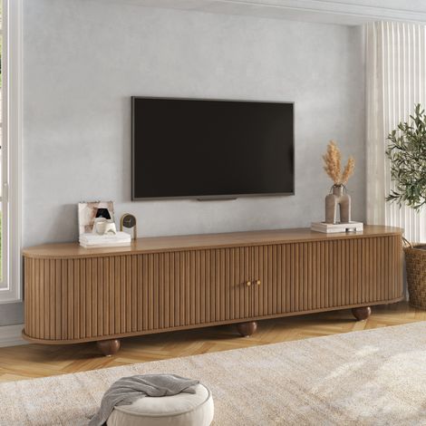 Meuble TV bas 180 x 35 x 45 cm en MDF couleur noyer, portes coulissantes et pieds boule (1/5)