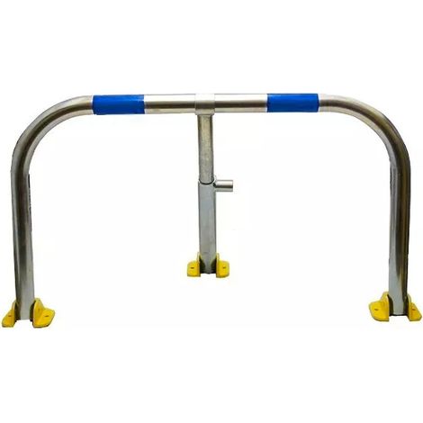 Arceau parking galvanisé bandes bleues pieds jaunes - anti-stationnement serrure intégrée (barillet s'entrouvrant) (1/5)