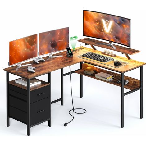 Bureau en L avec Multiprise, d’Angle, Informatique avec Rehausseur d’Écran, Gaming LED, 2 Tiroirs, 2 Ports USB, Facile à Monter, Marron Rustique et Noir d’Encre LWD095K01 (1/5)