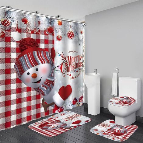 Lot de 4 rideaux de douche rouges Joyeux Noël , motif bonhomme de neige, imperméables, décoration de salle de bain, décoration de Noël (1/5)