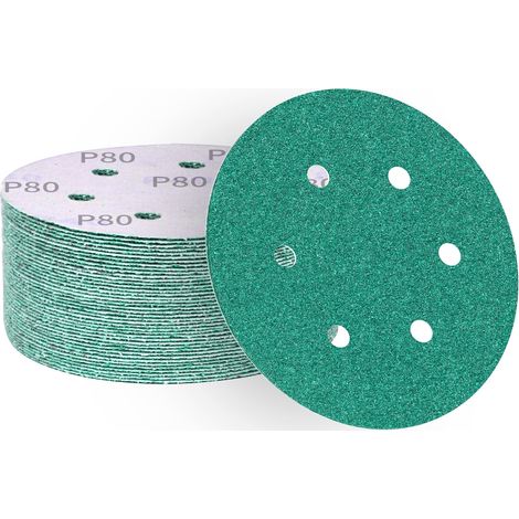 Disques abrasifs 150 mm grain 80, papier abrasif en alumine calcinée 6 trous, revêtement abrasif antiadhésif pour ponceuse orbitale (50 pièces) (1/5)