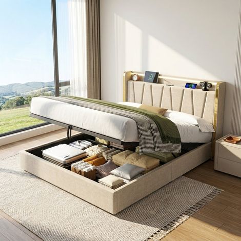 Audreamy Mira Ottoman Bed Beige Linen Double (1/5)