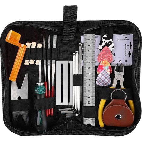 26-teiliges Gitarrenwerkzeugset für Saitenreparatur und -wartung, Schraubenschlüssel, Zangen, Feilen und Messwerkzeuge. (1/5)
