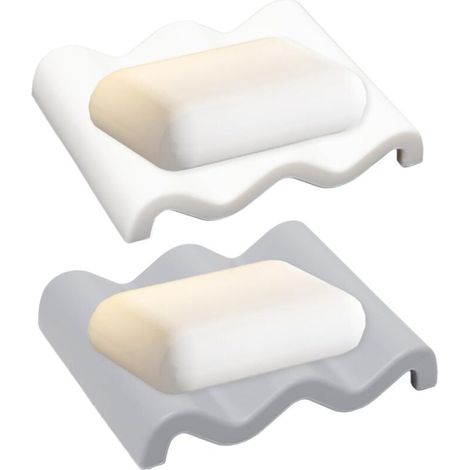 2 Stück Silikon-Seifenhalter, wellenförmiger Seifenhalter mit Abtropfschale für Dusche, Küche, Badezimmer (weiß und grau) (1/5)