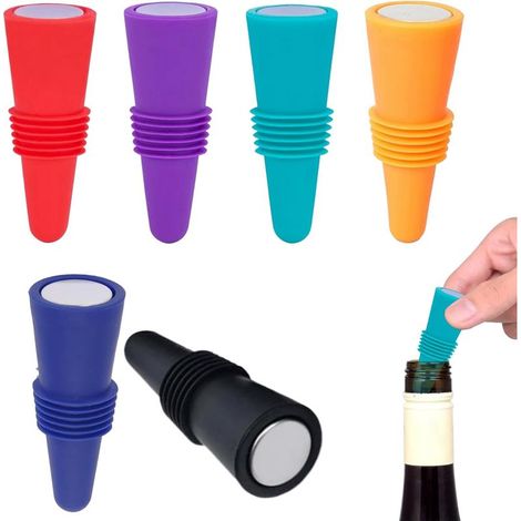 Paquet De 6 Bouchons Bouteille Pour Vin et Champagne, Silicone, Six Couleurs - Pour Garder Le Vin Frais (1/5)