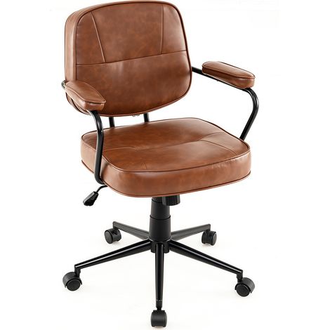 COSTWAY Faux Leather Office Chair Mid Century Modern Upholstered Chair-Brown (1/5)