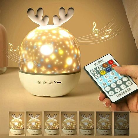 Bébé Veilleuse Projecteur, LED Enfant Veilleuse Lampe Musicale et Lumineuse 360°Rotation avec 8 Musique 6 Films Thème, Lampe de Projecteur Étoiles à Télécommande USB Lampes de Chevet Lampes d'ambiance (1/5)