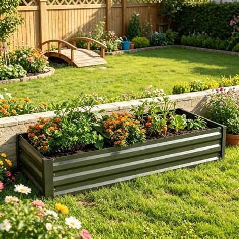Jardinière surélevée rectangulaire en acier, bac à fleurs avec rebord de sécurité et fond ouvert (1/5)