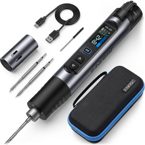 HS-03 Cordless Soldering Iron – Replaceable 2600mAh Battery USB C Fast Charge – 7 Second Heat Up 100-450°C PID Control 3 Soldering Tips for Electronics Repair DIY (1/5)