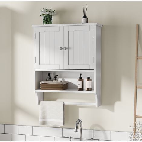Badezimmer-Wandschrank 56,89 × 19 × 70 cm aus weißem MDF mit Handtuchhalter – MEUBLIV (1/5)