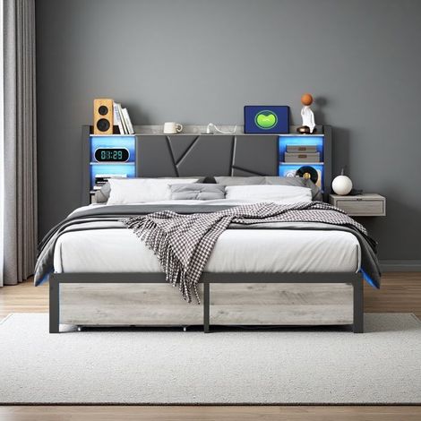 Doppelbett 140x200 - Kompakt mit Schubladen - RGB LED-Beleuchtung - Rahmen aus Metall/Schwarz Holz - Optimierter Stauraum
