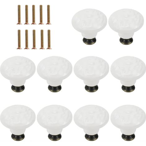 Lot de 10 boutons de porte en céramique blanche de 34 mm, boutons de tiroir vintage en forme de champignon pour armoire, commode, tiroir, porte d'armoire (1/5)