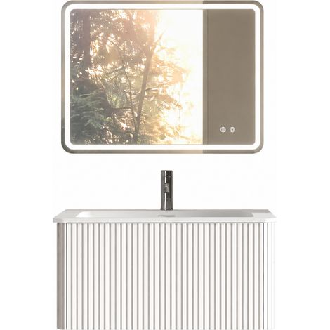Conjunto de muebles de baño con espejo LED de 80 cm, lavabo con mueble bajo, blanco, premontado (1/5)