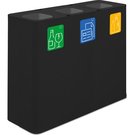 Pattumiera Sistema di Raccolta Rifiuti 90x30xh80 cm In Acciaio Verniciato 3 Scomparti Nero (1/2)