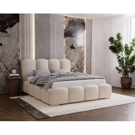 Lit rembourré 140x200 Zenna - velours, lit double avec rangement, sommier - Beige (Magic Velvet 2201)