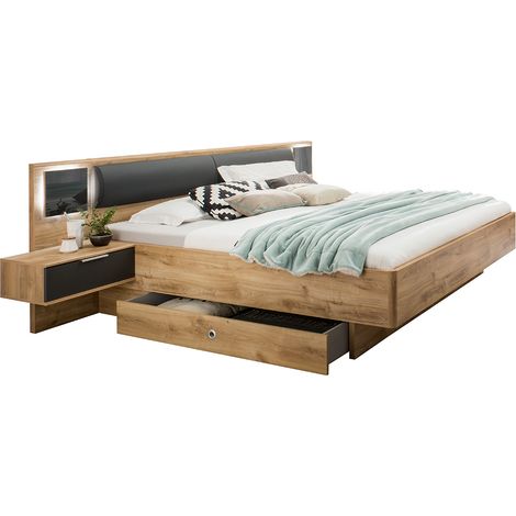Doppelbett 160cm mit 2 Bettschubladen, Nachtschränken, Beleuchtung und Polsterkopfteil, graphit und Eiche, VIESTE-43 (1/4)