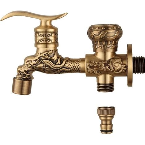 Version étendue de la Double Sortie Robinet Antique cuivre Dragon sculpté Robinet Salle de Bains vadrouille Robinet Machine à Laver Robinet Jardin extérieur Robinet (1/5)