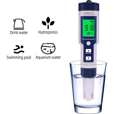 Testeur de qualité de l'eau 5 en 1 : analyseur numérique, détecteur de pH, TDS, CE, température et salinité, étanchéité IP67, écran rétroéclairé. (1/3)
