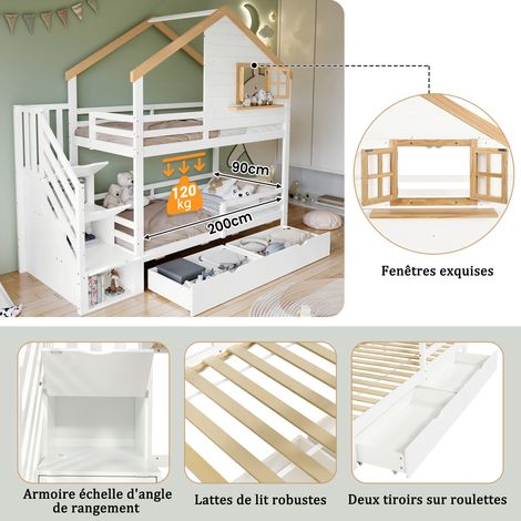 Lit superposé en bois pin et MDF blanc et naturel, échelle de rangement, design maisonnette avec fenêtre, espace de stockage sous le couchage, 90x200cm (1/5)