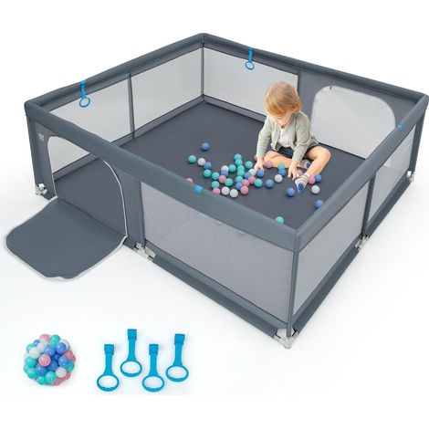 GOPLUS Parc pour Bébé, Parc de Jeu pour Tout-Petit avec Maille Respirante, 4 Anneaux, Balles Océaniques, Barrière pour Bébé avec Porte, Centre d'Activités Intérieur pour Enfants,180X200CM(Gris) (1/5)