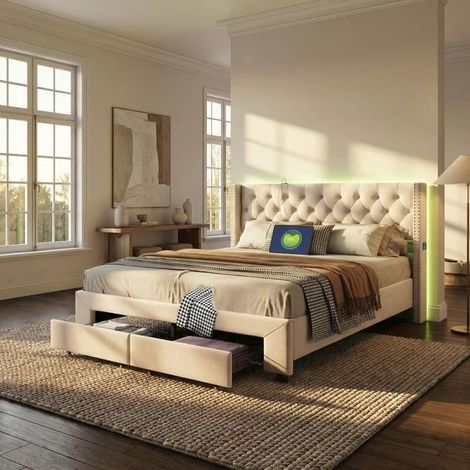 Bett 140x190 cm mit LED und 2 Schubladen, Kopfteil mit Nieten verziert, Bett 140x190 cm, Doppelbett, 2 Personen, Samtstoff (1/5)
