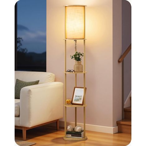 Lampadaire LED avec Étagère, Abat-Jour Lin, Blanc Chaud 2700K (1/5)