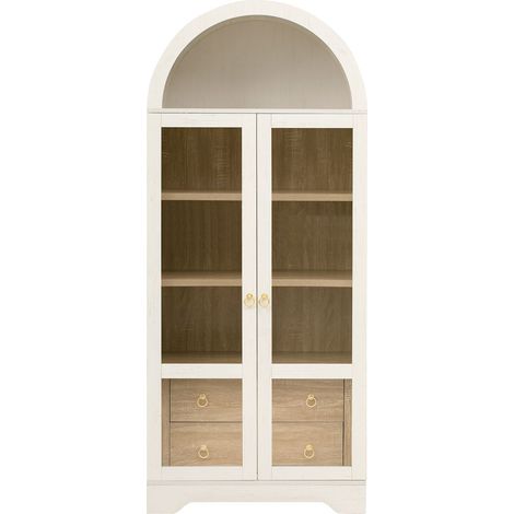 Vitrine meuble de rangement grand espace intérieur étagères réglables tiroirs intégrés verre transparent finition blanche (1/5)