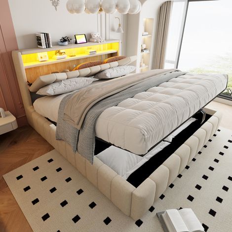 Cama doble 180x200 cm de tela beige con almacenaje para dormitorio, sin colchón -FLORAGRACE (1/5)