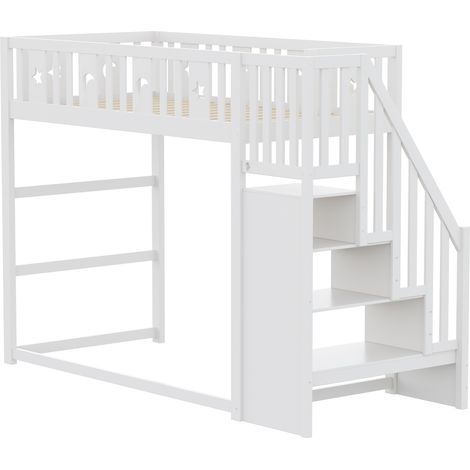 Lit superposé pour enfants 90 x 200 avec escalier, lit mezzanine en bois massif avec barrière de sécurité, décoration étoiles et lune, blanc