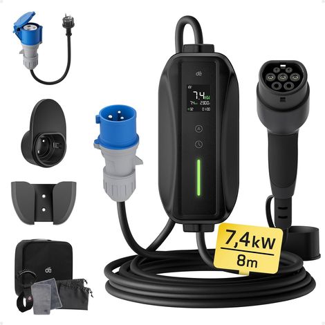 dé Chargeur Voiture Electrique P17 [7,4kW, 1-Phase, 8m, 6A/10A/16A/20A/24A/32A] Type 2 Prise CEE Chargeur EV Station de Charge Mobile/Wallbox avec écran Numérique (1/5)