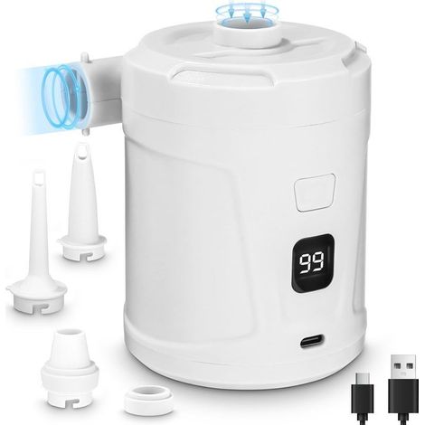 Gonfleur/dégonfleur électrique, batterie rechargeable 5200 mAh, gonfleur de matelas pneumatique avec 3 buses, gonfleur rapide pour bateaux et matelas pneumatiques