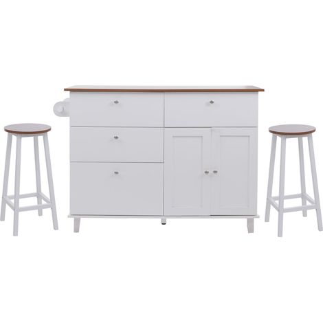 Kücheninsel HHG-692 mit 2 Sitzhockern, Küchenschrank Schublade Staufächer MDF 90x131x47cm weiß, helles Holz
