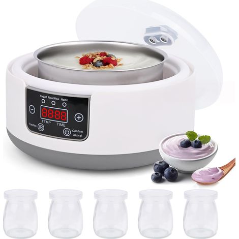 Yaourtière, yaourtière pour la maison, yaourtière électrique avec 5 pots en verre de 100 ml, thermostat réglable et affichage numérique pour faire du yaourt maison, Natto (1/5)