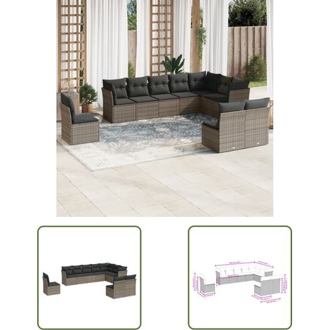 The Living Store 10-tlg. Garten-Sofagarnitur mit Kissen Grau Poly Rattan - Gartenmöbel Set - Outdoor Möbel - Rattan Sofa - Lounge Set - Gartenlounge (1/3)
