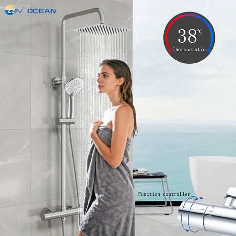 Kit doccia con soffione quadrato, doccetta e miscelatore termostatico rotondi, colonna doccia regolabile 75-125cm, cromato
