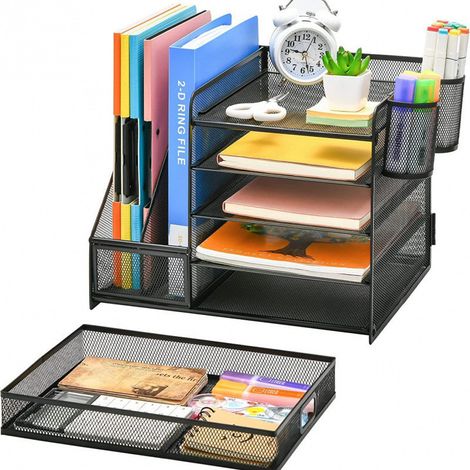 Organisateur Bureau 5 Niveaux avec Tiroir et 2 Porte-Stylos, Banette Maille Noire pour Fournitures (1/5)