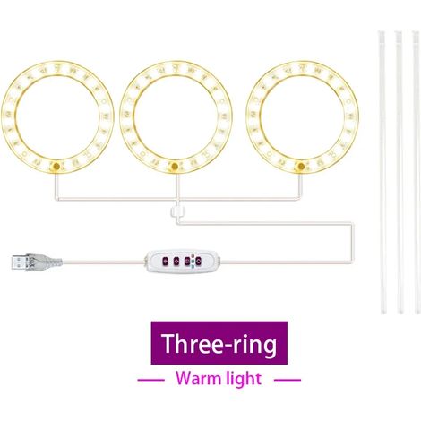 Lampes de croissance pour plantes Lampe de croissance LED annulaire (3 têtes jaune soleil, USB 5 V CC) avec contrôle, idéale pour les semis et la culture en intérieur Spectre complet Convient aux plan (1/5)