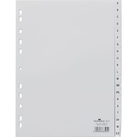 Durable 651310 - Divisori con indice alfabetico A-Z, fori universali, confezione da 20, colore: grigio