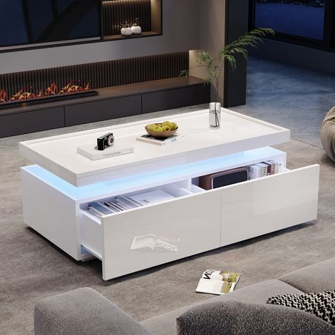 Table basse 95 x 45 x 35 cm, design moderne minimaliste avec éclairage LED, 2 tiroirs – table salon haute brillance, table d'appoint géométriqu (1/5)
