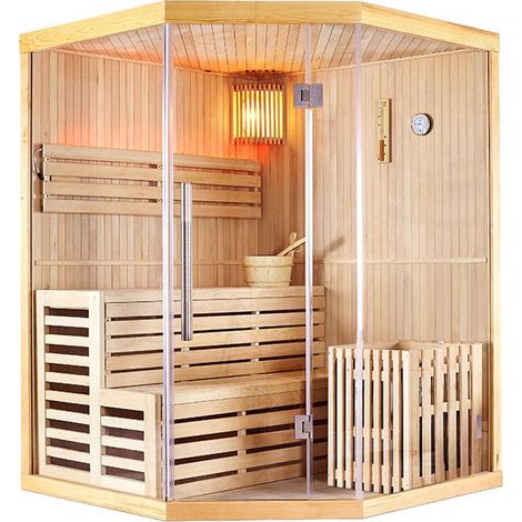 Sauna traditionnel d'angle finlandais vapeur 3-4 places – 152 x 152 x H.202 cm – Poêle Harvia 6 kW avec ciel étoilé – Boreal (1/5)