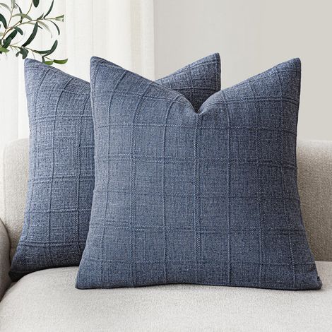 Lot de 2 Housses de Coussin à Carreaux Bleus 45x45cm, Style Ferme Boho Rétro pour Canapé et Chambre (Sans coussin) (1/5)