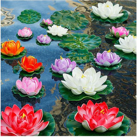 Lot de 14 Coussinets de lys artificiels pour étang, Fleurs de Lotus flottantes en Mousse avec Faux lys pour Piscine, Jardin, étang à Poissons koï, Aquarium, Piscine, décoration de Mariage (1/5)