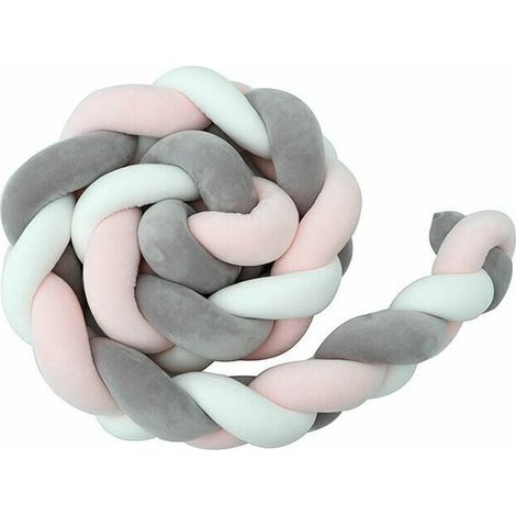 2M Tour De Lit Coussin Serpent Coussin Tresse Pare-Chocs Velours Protection Bebe Cloture En Tissu Anti-Collision (Blanc+Gris+Rose)