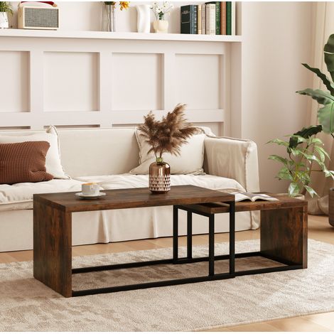 Lot de 2 tables basses gigognes rectangulaire et carrée MDF et métal brun rustique noir (1/5)