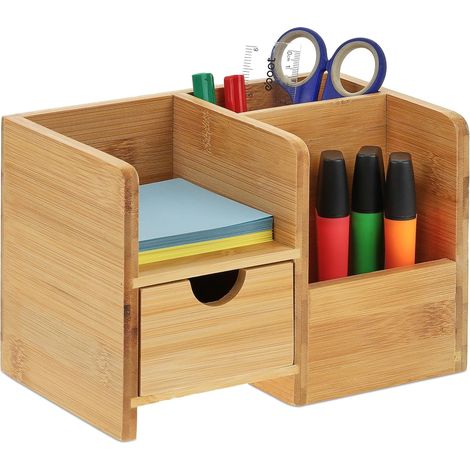 Organizador de escritorio, cajón y superficie, 2 compartimentos, bambú, portalápices, alto x ancho x profundidad: 14 x 20,5 x 13 cm, natural (1/5)